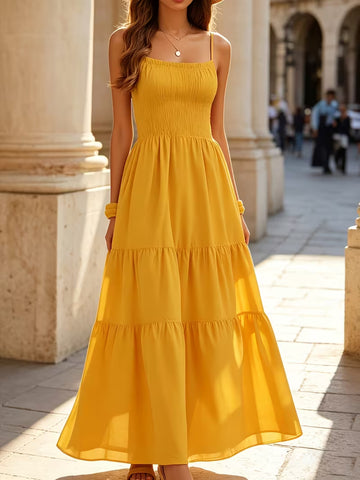 Women's Spaghetti Strap Smocked Maxi Dress – Square Neck Tiered Ruffle Summer Sundress