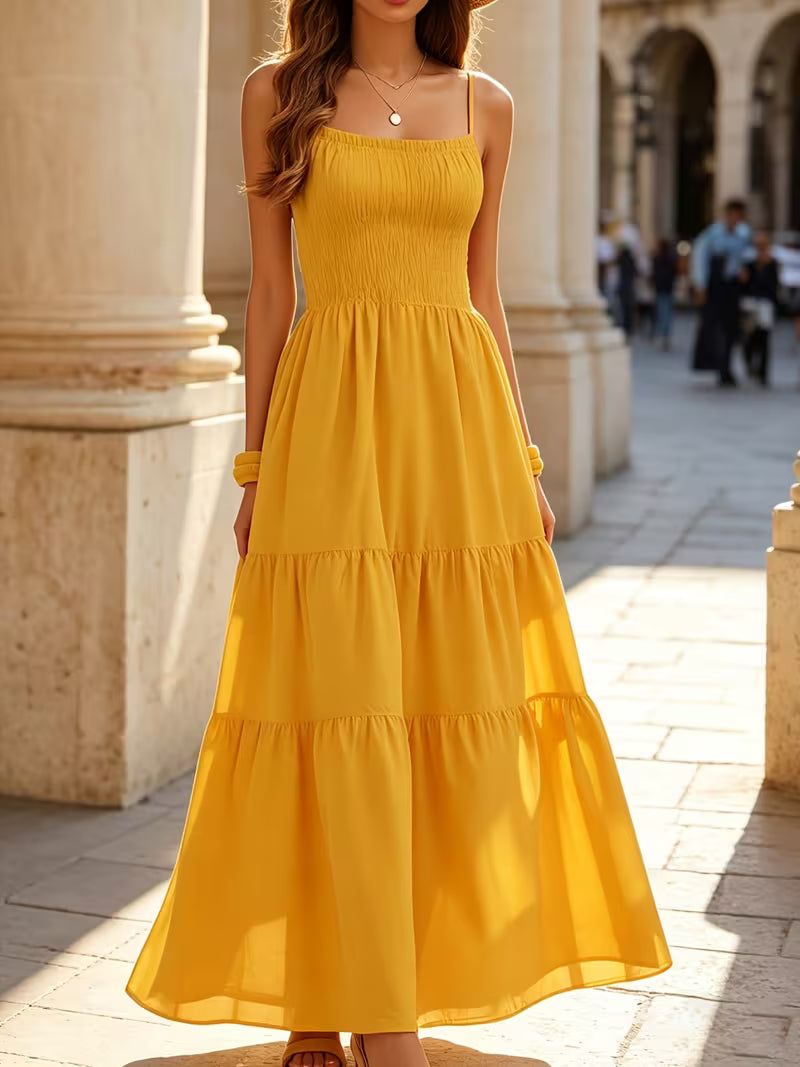 Women's Spaghetti Strap Smocked Maxi Dress – Square Neck Tiered Ruffle Summer Sundress