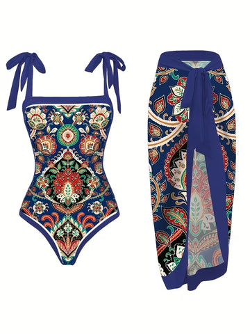 Women's Ethnic Print Swimwear Set with Cover-Up – Tie-Shoulder Swimsuit and Wrap Skirt