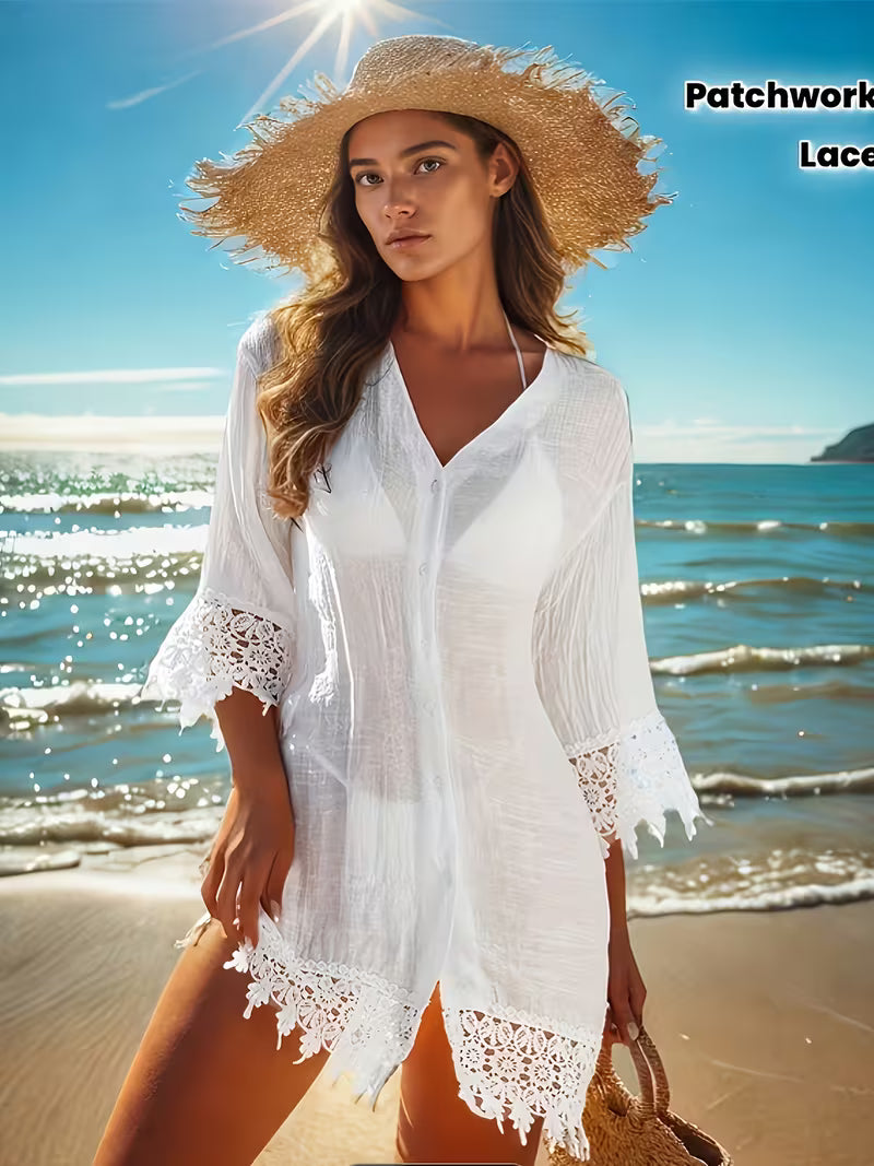 Women's Summer Beach Lace-Spliced Kimono Top – Elegant Vacation Cover-Up