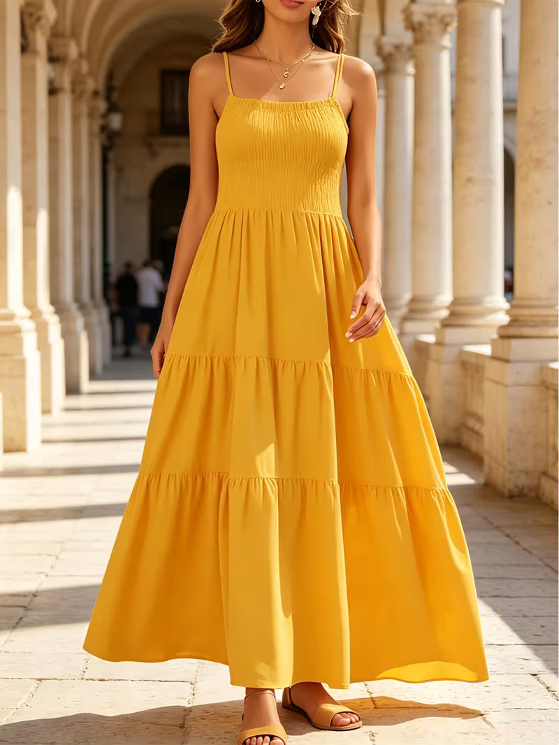Women's Spaghetti Strap Smocked Maxi Dress – Square Neck Tiered Ruffle Summer Sundress