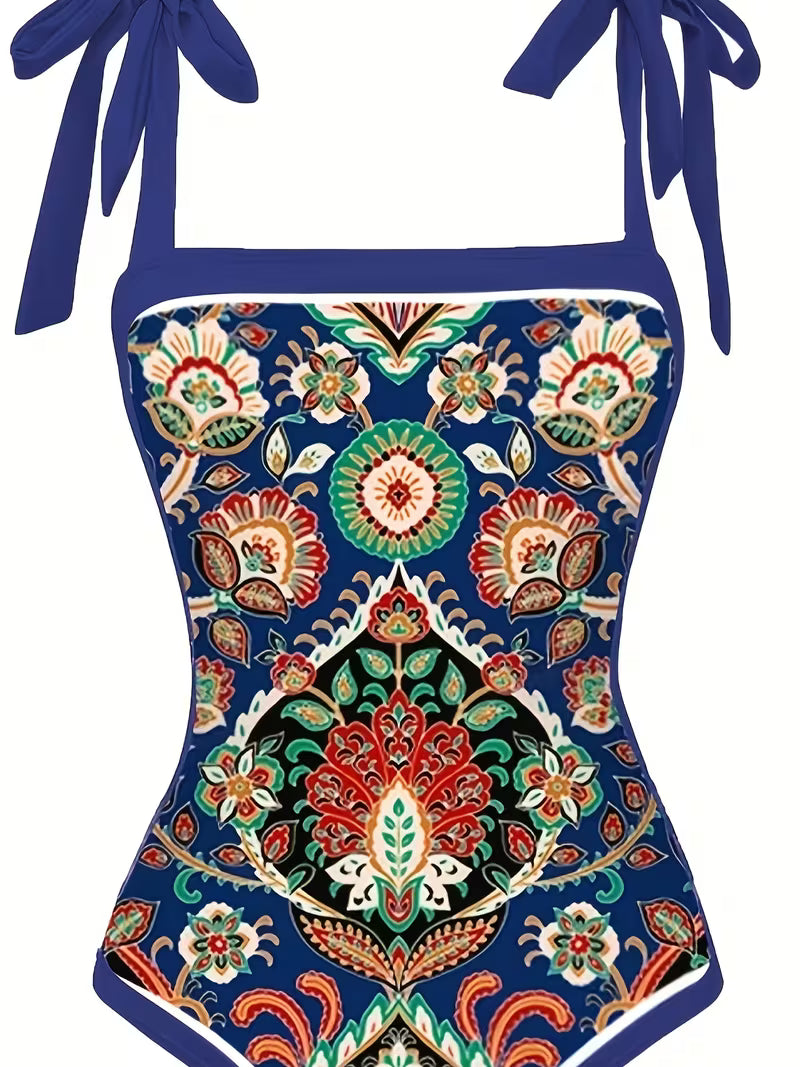 Women's Ethnic Print Swimwear Set with Cover-Up – Tie-Shoulder Swimsuit and Wrap Skirt