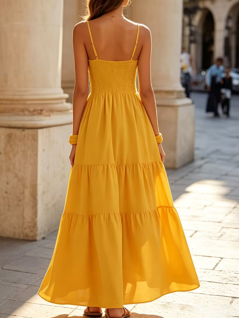 Women's Spaghetti Strap Smocked Maxi Dress – Square Neck Tiered Ruffle Summer Sundress