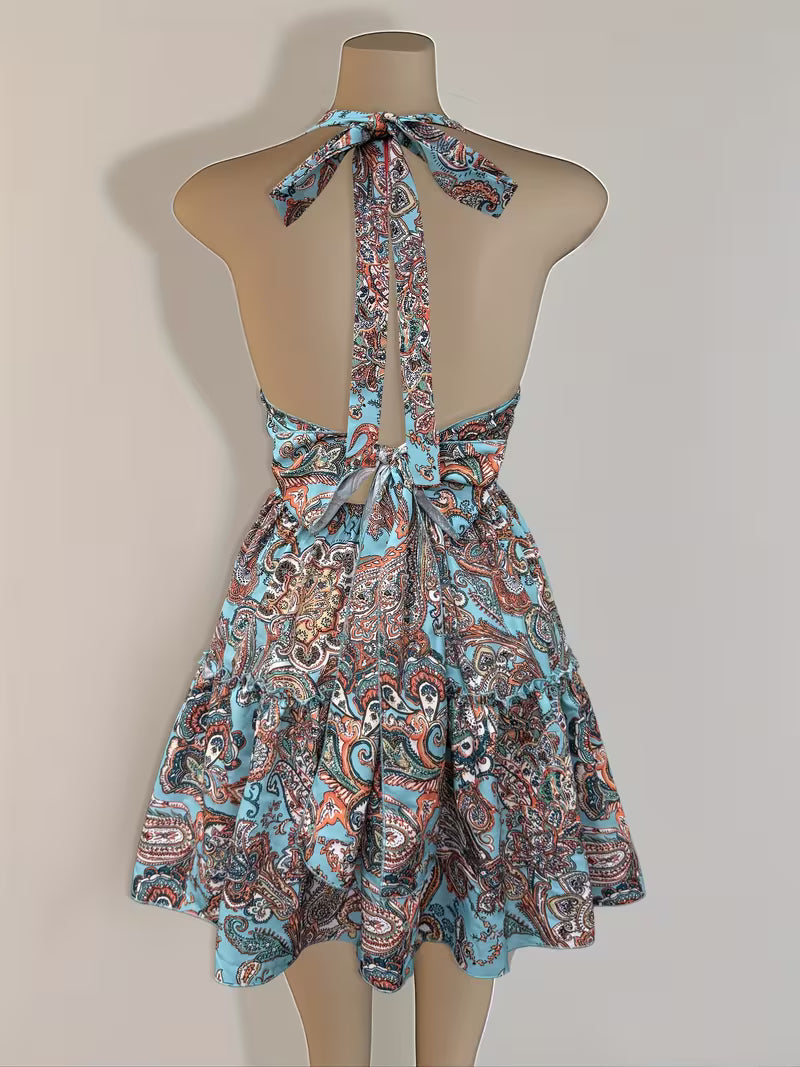 Women's Halter Neck Tie-Front Floral Print Dress – Elegant Flared Summer Dress