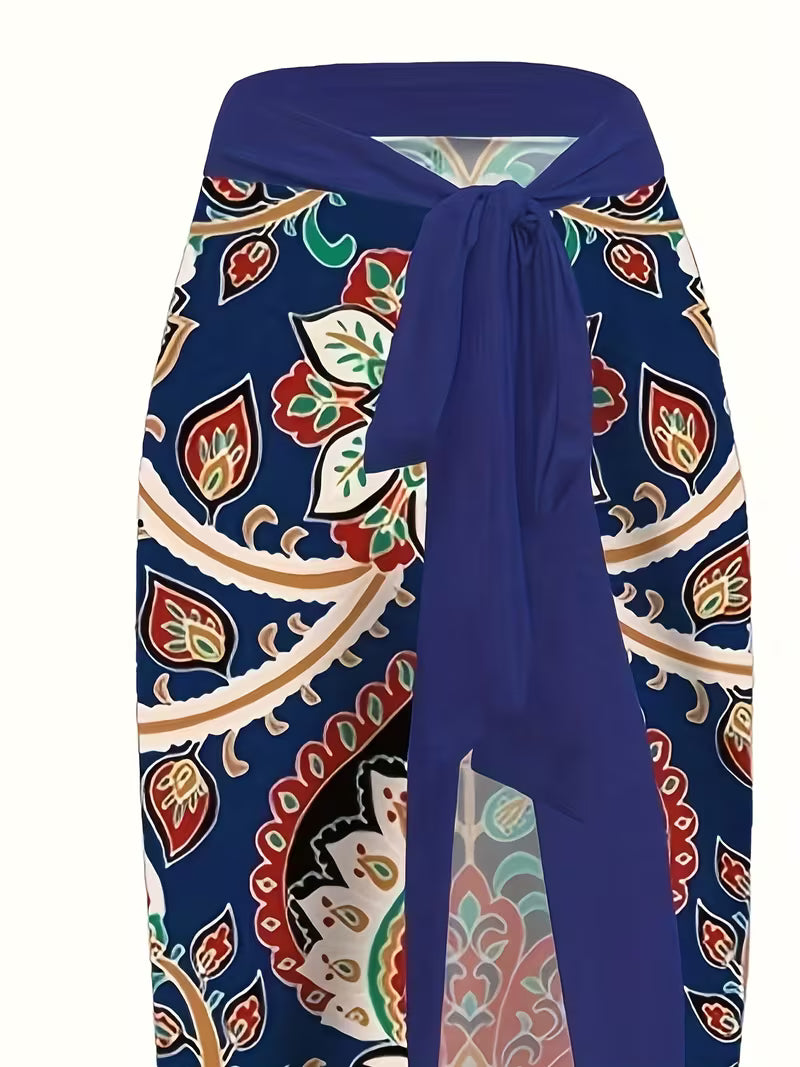Women's Ethnic Print Swimwear Set with Cover-Up – Tie-Shoulder Swimsuit and Wrap Skirt