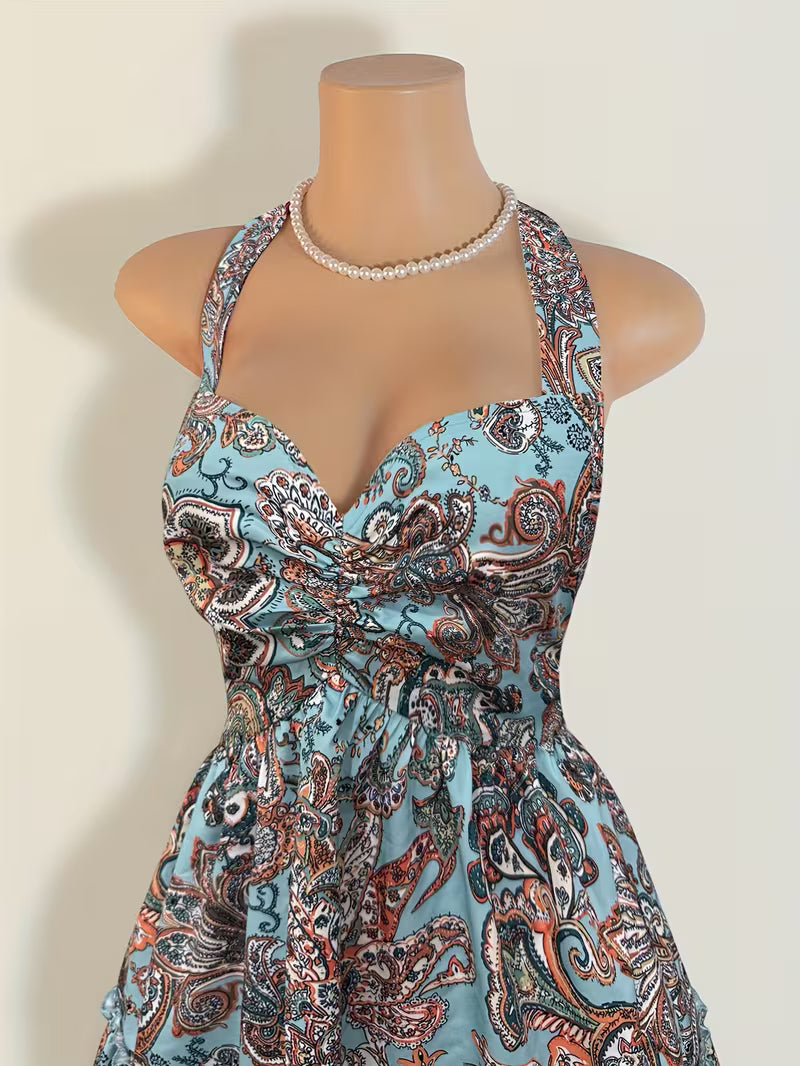 Women's Halter Neck Tie-Front Floral Print Dress – Elegant Flared Summer Dress