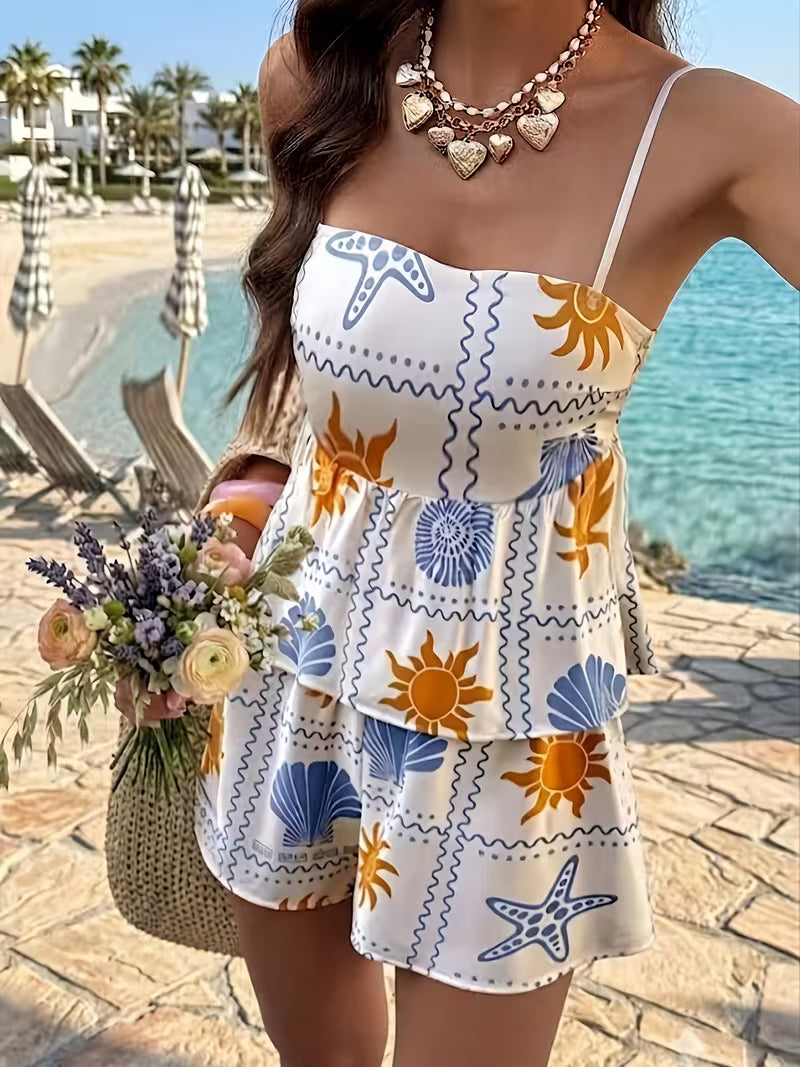 Women's 2-Piece Floral Shorts and Camisole Set – Adjustable Strap Summer Vacation Outfit