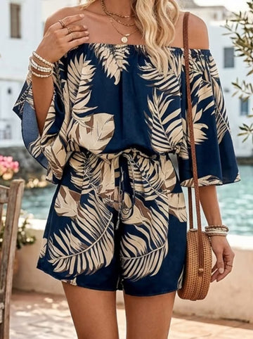 Women's Leaf Print Off-Shoulder Jumpsuit – Casual Summer Vacation Outfit