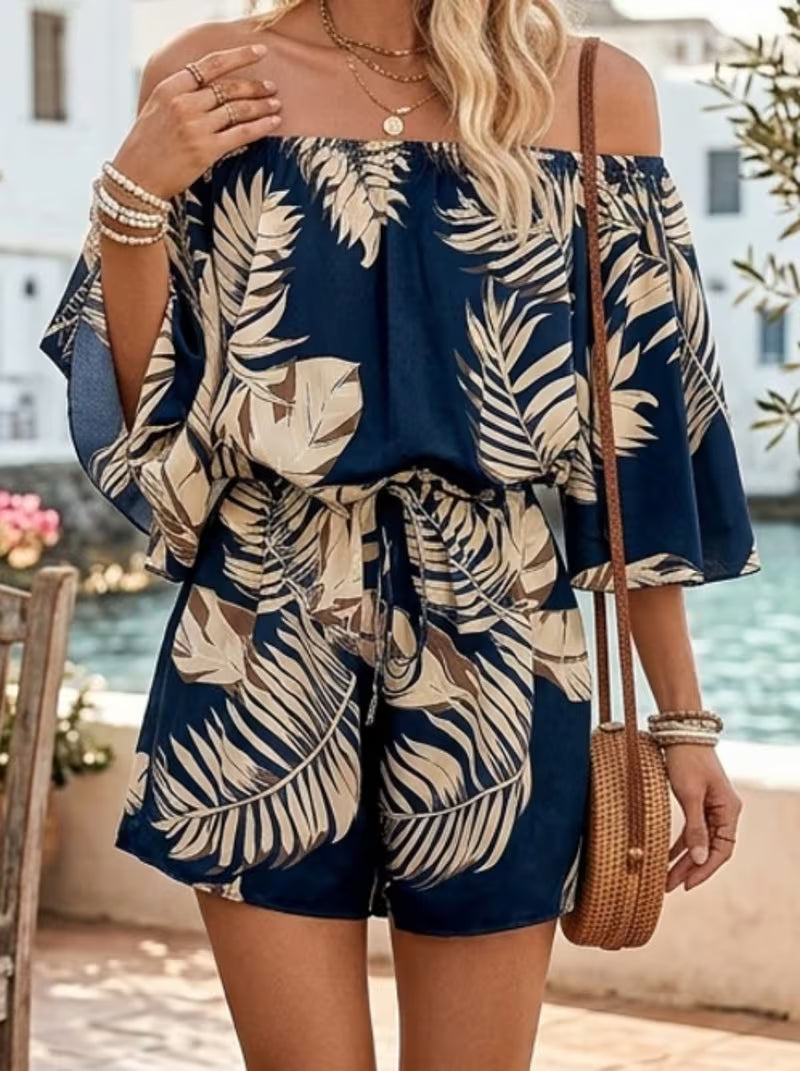 Women's Leaf Print Off-Shoulder Jumpsuit – Casual Summer Vacation Outfit
