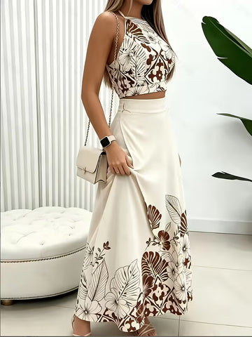 Women's 2-Piece Tropical Watercolor Print Set – Halter Neck Top and Matching Skirt