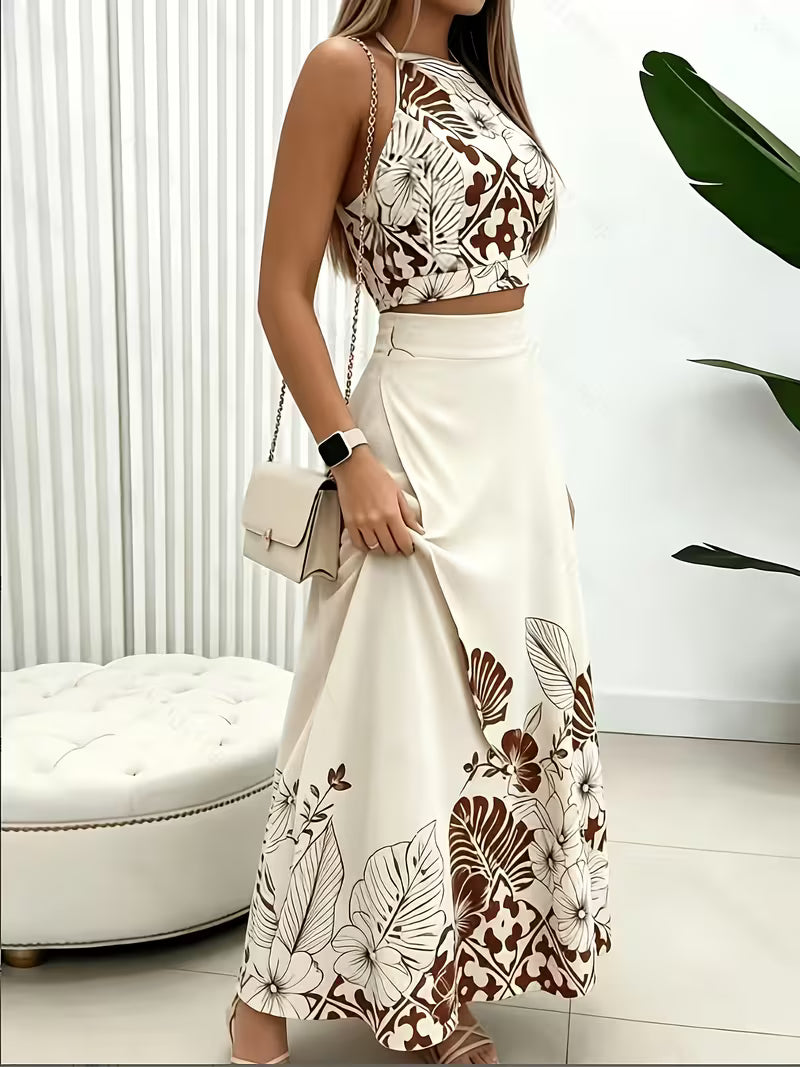 Women's 2-Piece Tropical Watercolor Print Set – Halter Neck Top and Matching Skirt