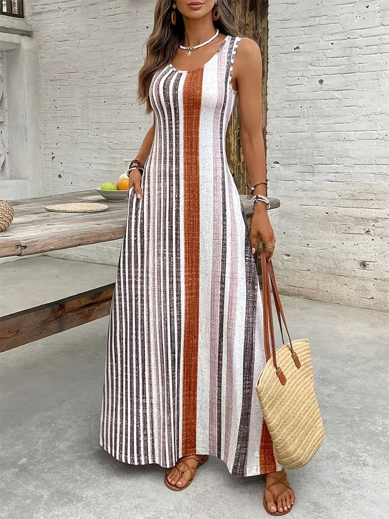 Women's Long Vest Dress – Sleeveless Striped Color-Block Maxi Dress with Pockets