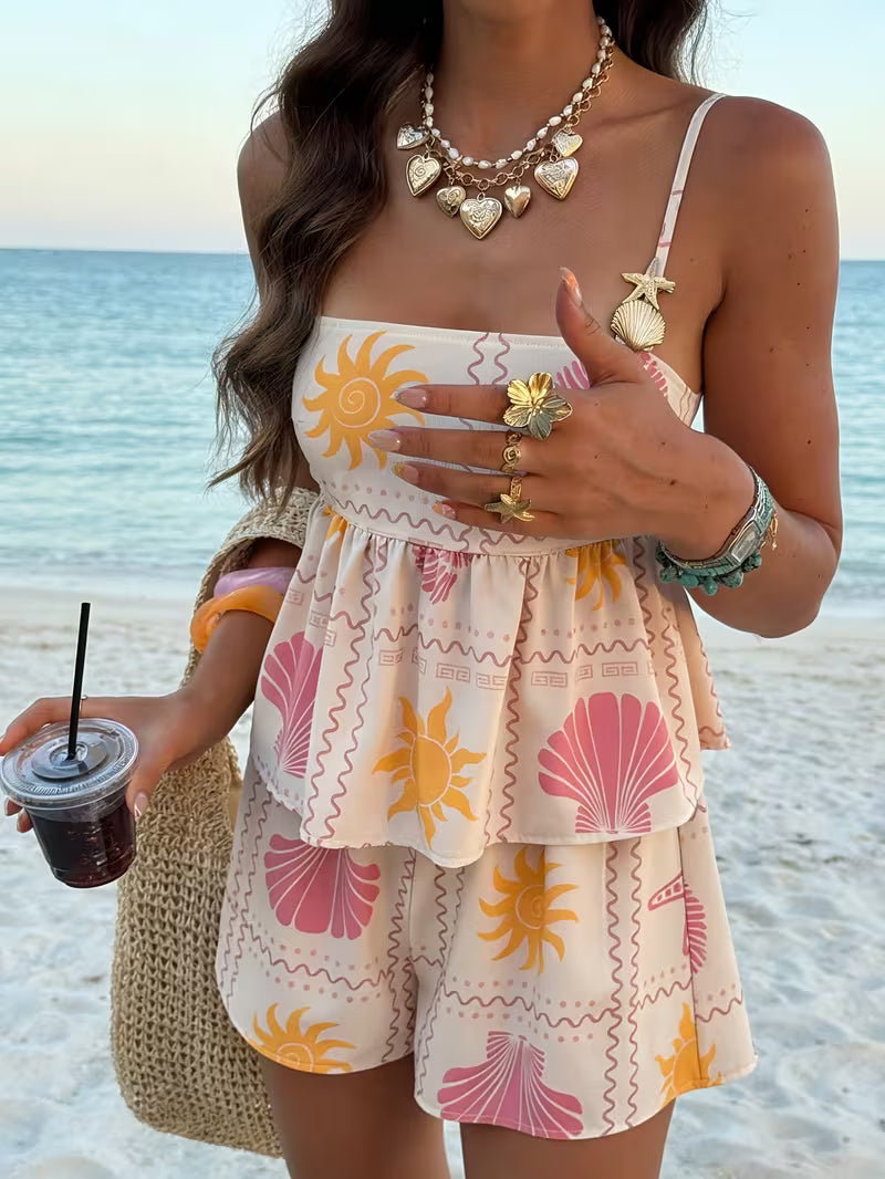 Women’s Summer 2-Piece Ruffled Cami and Tank Top Set – Ocean-Inspired Beachwear