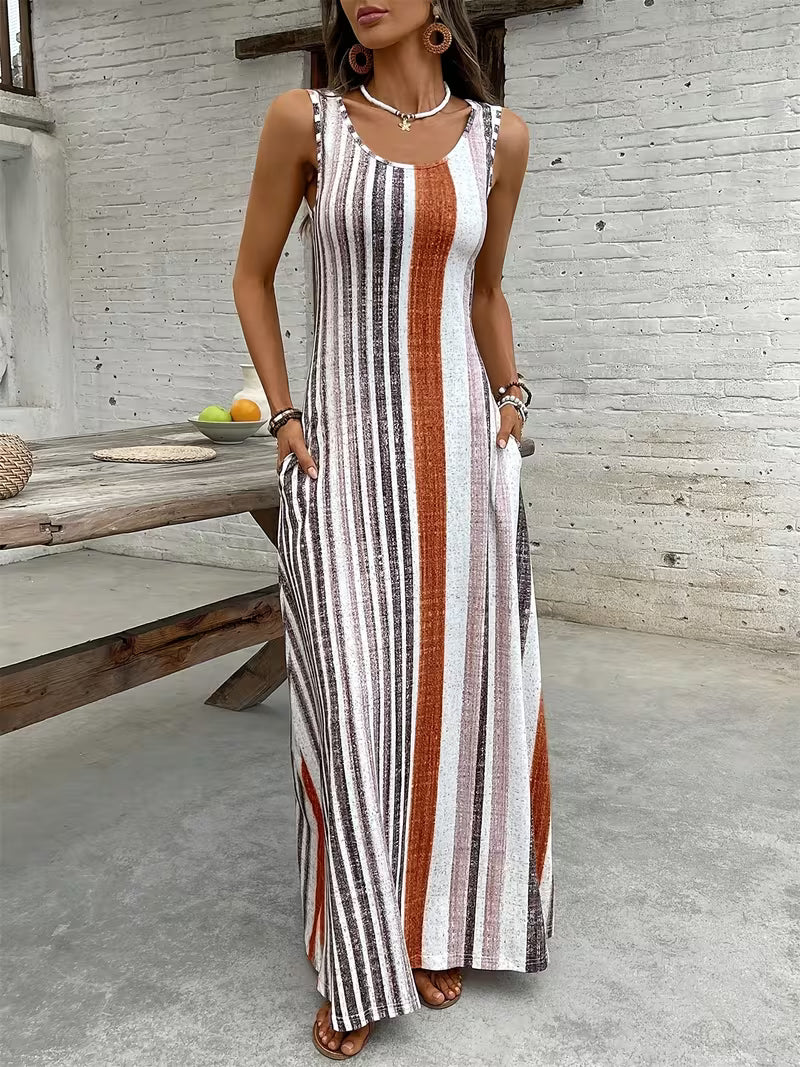 Women's Long Vest Dress – Sleeveless Striped Color-Block Maxi Dress with Pockets