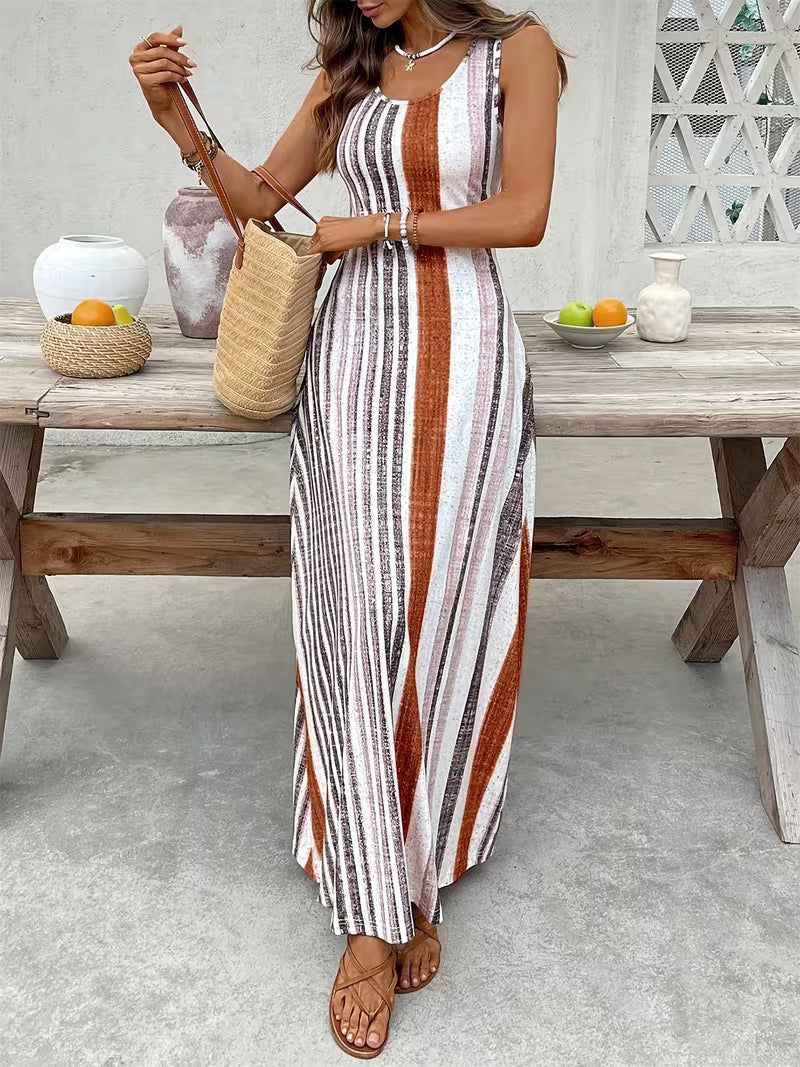 Women's Long Vest Dress – Sleeveless Striped Color-Block Maxi Dress with Pockets