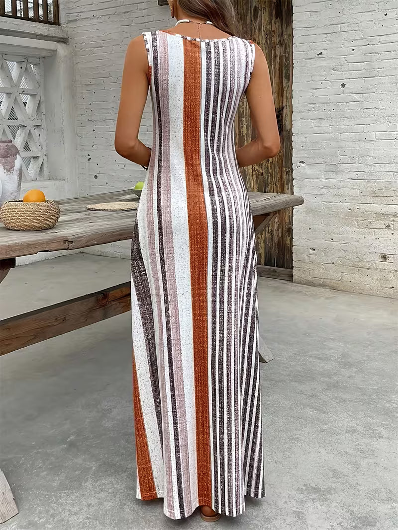 Women's Long Vest Dress – Sleeveless Striped Color-Block Maxi Dress with Pockets