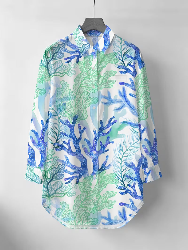 Women's Blue-Green Ocean Print Shirt – Lightweight Casual Summer Top