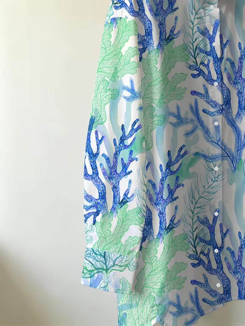 Women's Blue-Green Ocean Print Shirt – Lightweight Casual Summer Top