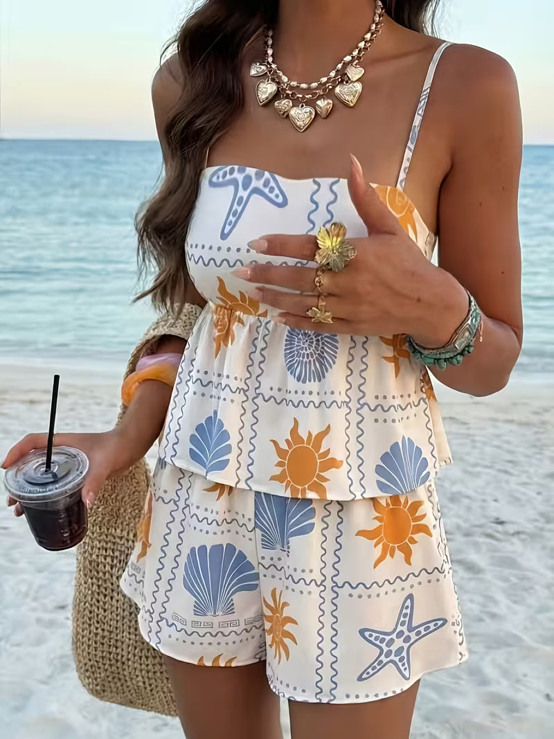 Women's 2-Piece Floral Shorts and Camisole Set – Adjustable Strap Summer Vacation Outfit
