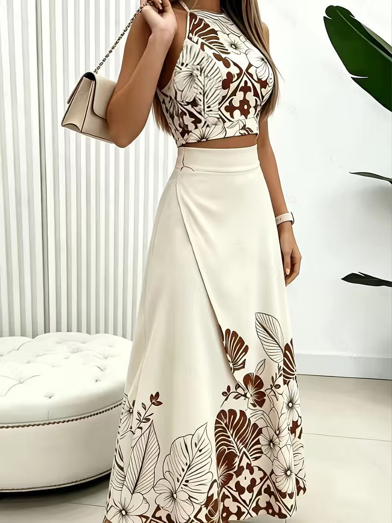 Women's 2-Piece Tropical Watercolor Print Set – Halter Neck Top and Matching Skirt