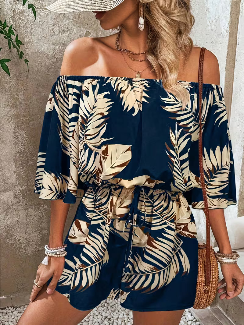 Women's Leaf Print Off-Shoulder Jumpsuit – Casual Summer Vacation Outfit