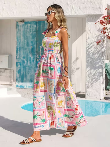 Women's Bohemian Spaghetti Strap Summer Dress – Flared Vacation Beach Sundress