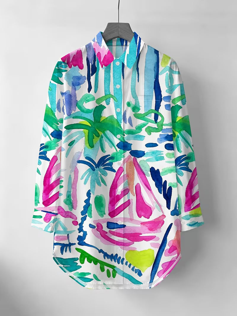 Women's Beach Vacation Shirt – Colorful Nautical Print Long Sleeve Cover-Up