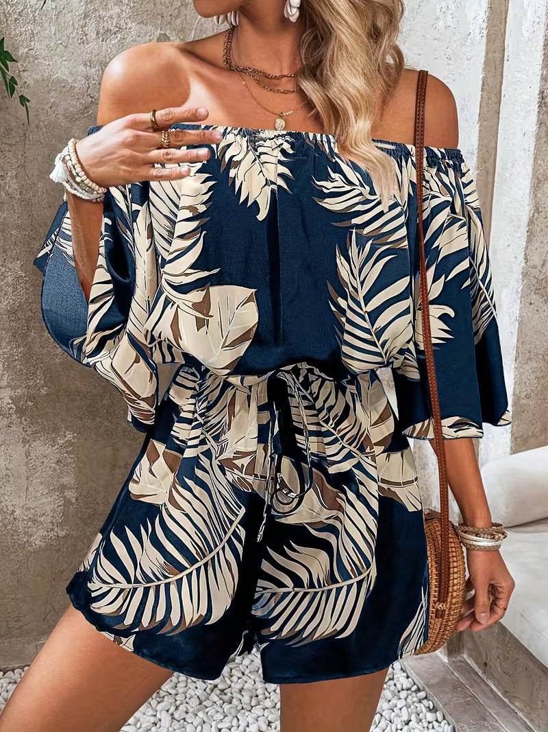 Women's Leaf Print Off-Shoulder Jumpsuit – Casual Summer Vacation Outfit
