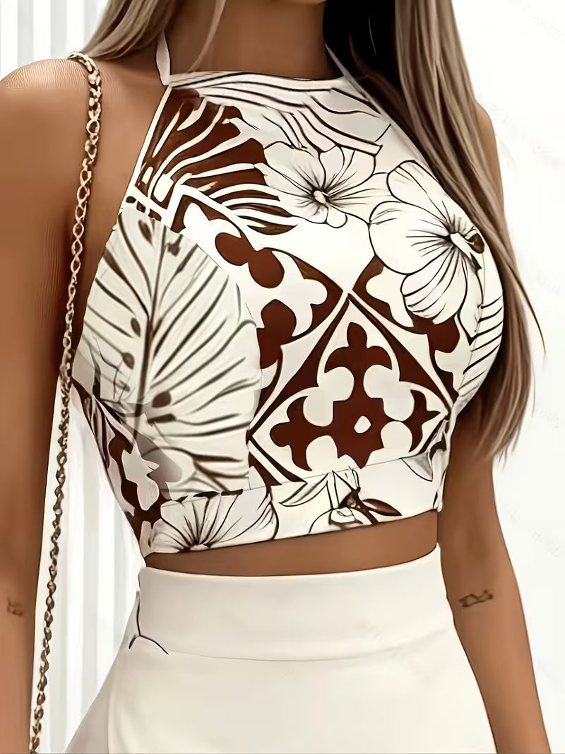 Women's 2-Piece Tropical Watercolor Print Set – Halter Neck Top and Matching Skirt