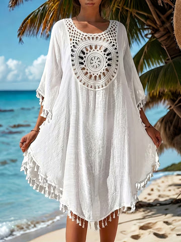 Women's Bohemian Style Beach Cover-Up – Lace Detail and Tassel Design