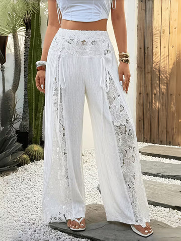 Women's Lace-Panelled Wide-Leg Pants – Stylish Tie-Up Summer Trousers