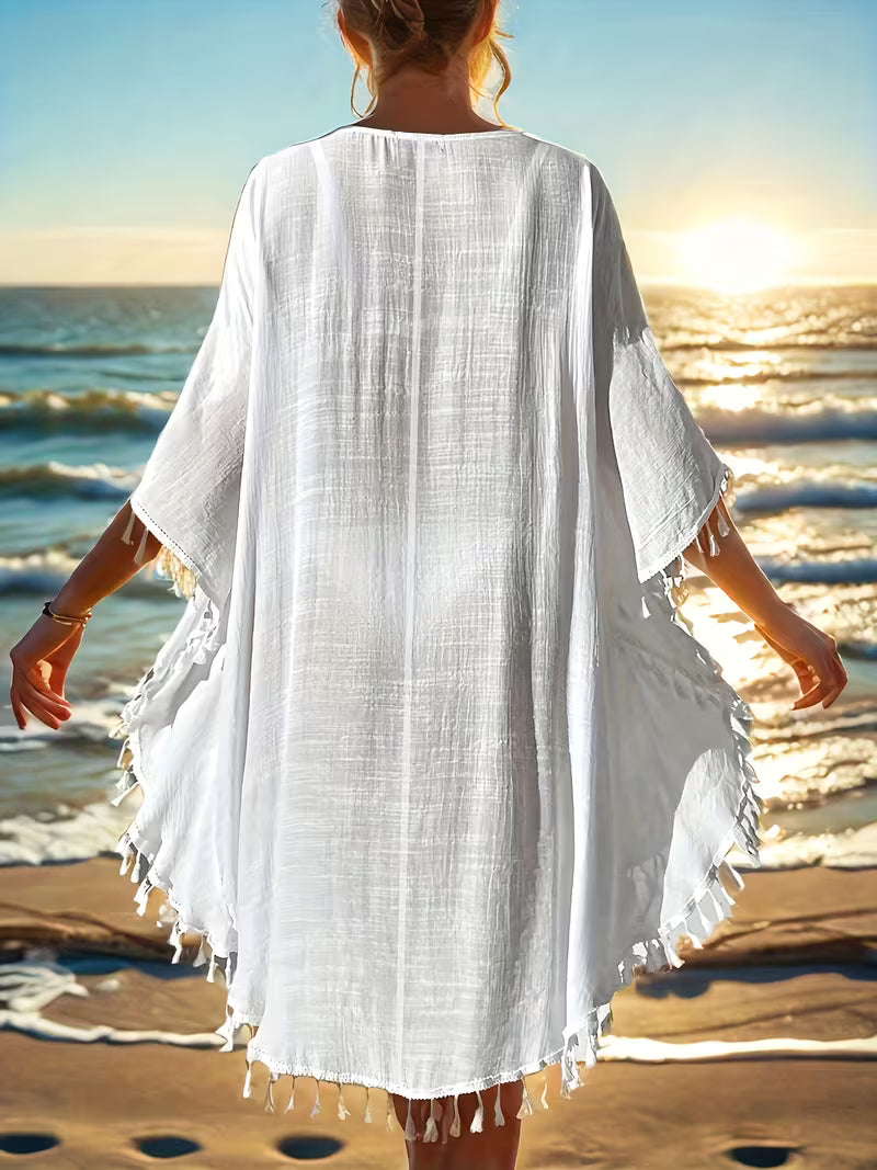 Women's Bohemian Style Beach Cover-Up – Lace Detail and Tassel Design