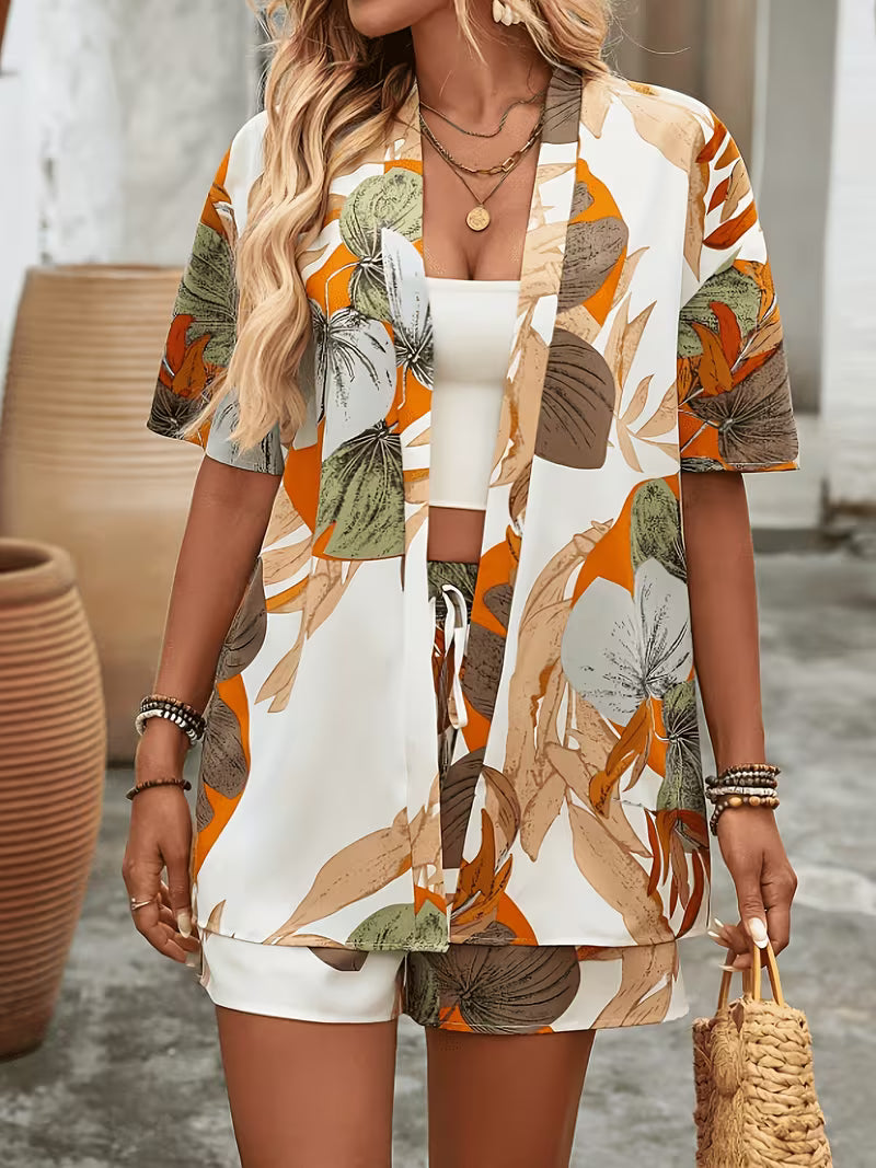 Women's Elegant Printed Two-Piece Set – Short-Sleeve Cardigan and Matching Shorts