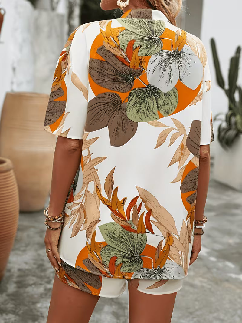 Women's Elegant Printed Two-Piece Set – Short-Sleeve Cardigan and Matching Shorts