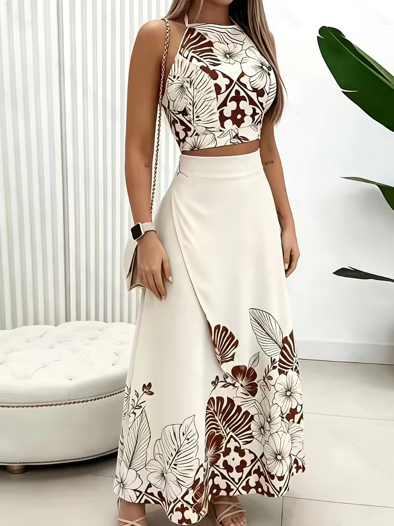 Women's 2-Piece Tropical Watercolor Print Set – Halter Neck Top and Matching Skirt