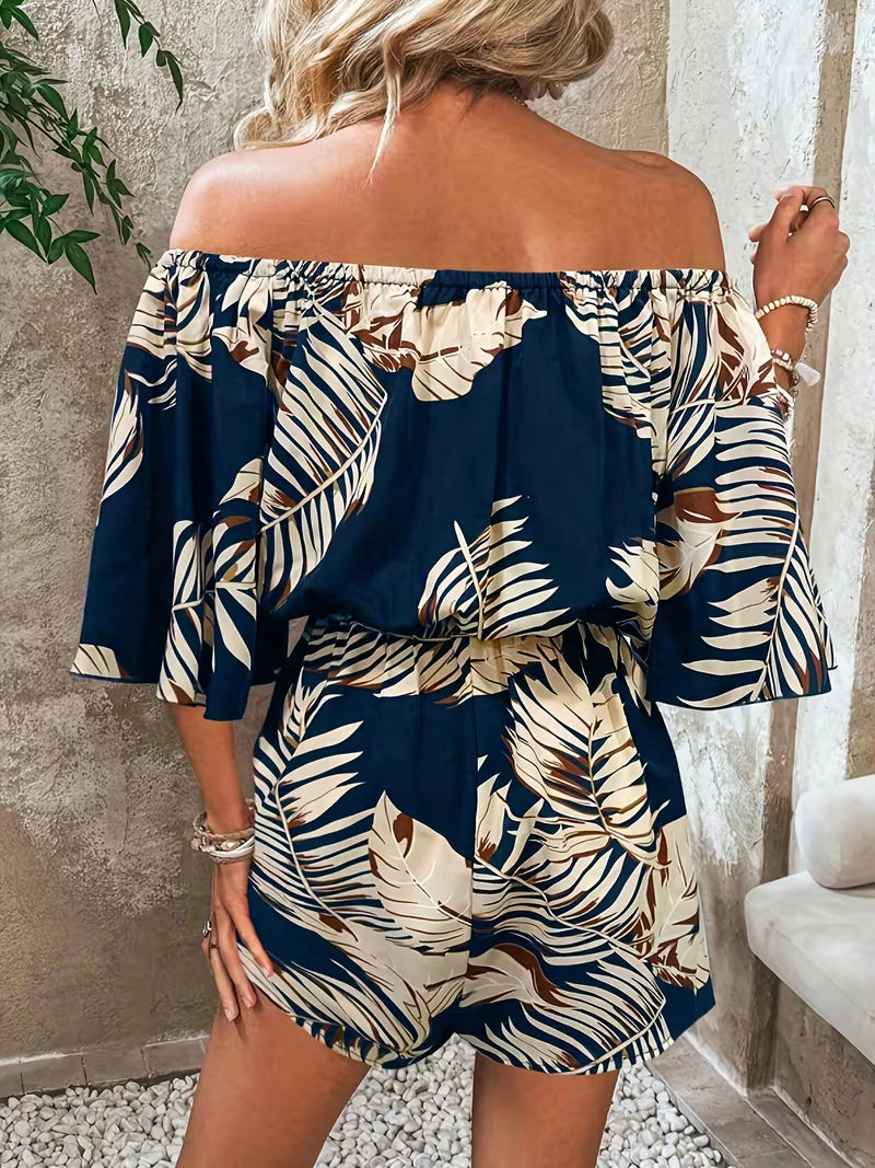 Women's Leaf Print Off-Shoulder Jumpsuit – Casual Summer Vacation Outfit