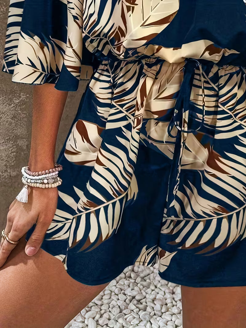 Women's Leaf Print Off-Shoulder Jumpsuit – Casual Summer Vacation Outfit