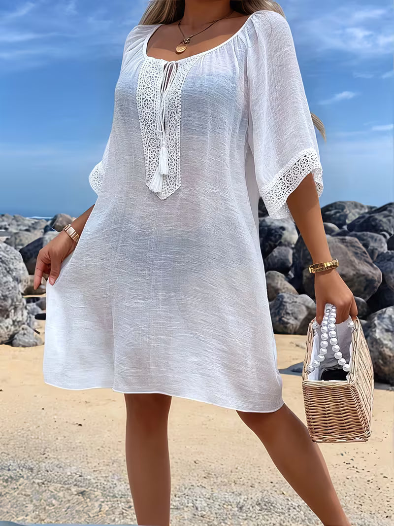 Women's Solid Color Beach Cover-Up Dress – Bohemian Summer Vacation Wear