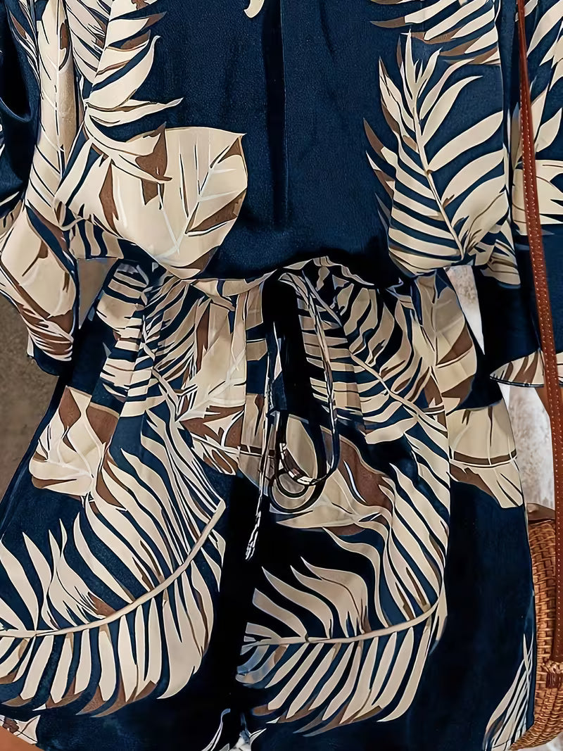 Women's Leaf Print Off-Shoulder Jumpsuit – Casual Summer Vacation Outfit