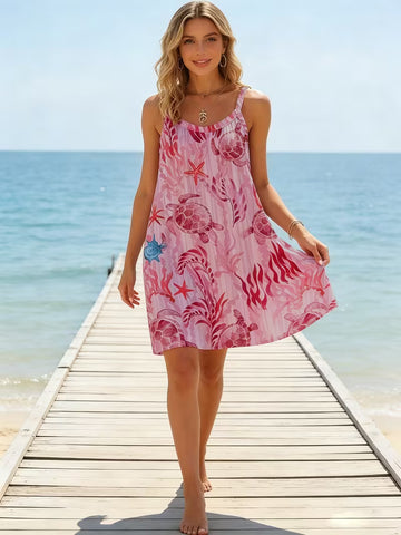 Women's Bohemian Turtle Print Dress – Sleeveless Spaghetti Strap A-Line Summer Dress
