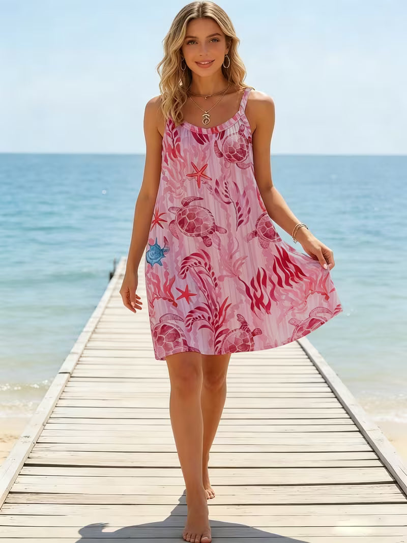 Women's Bohemian Turtle Print Dress – Sleeveless Spaghetti Strap A-Line Summer Dress